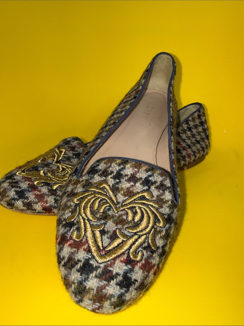 J. Crew Multicolor Houndstooth Wool Flats with Gold Embroidered Crest